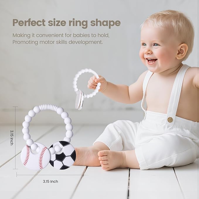 Silicone Baby Ring Toy with Baseball,Soccer Teethers,Must Haves Teething Relief Chew Toys for 0-6,6-12 Months Boys and Girls,Newborns Essentials,Safe and Soft,BPA Free.