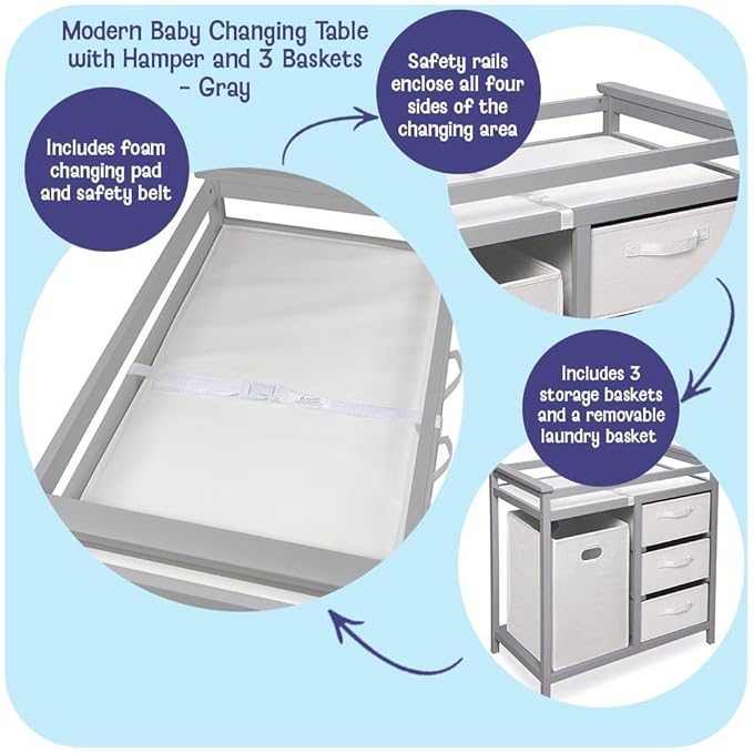 Badger Basket Modern Baby Changing Table - Nursery Furniture with Laundry Hamper and 3 Storage Drawers - Diaper Changing Station with Safety Belt, Changing Pad, and Organizer Baskets - Gray and White