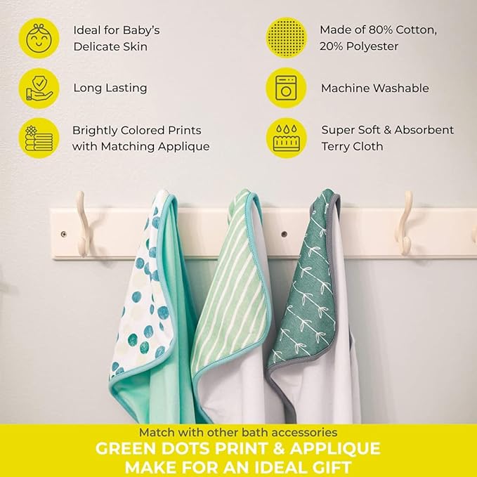 Spasilk Bath Hooded Towels & Washcloths Set for Babies, 23-Piece Gift Set, Green Dots