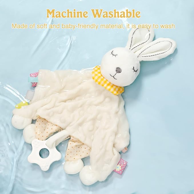 Zooawa Loveys for Babies, Security Blanket Soft Stuffed Animal Bunny Lovey Unisex Lovie Baby Stuff Snuggle Blanket with Tags Teether Bells, Soothing Plush Toys Baby Gift for Newborn, White Rabbit