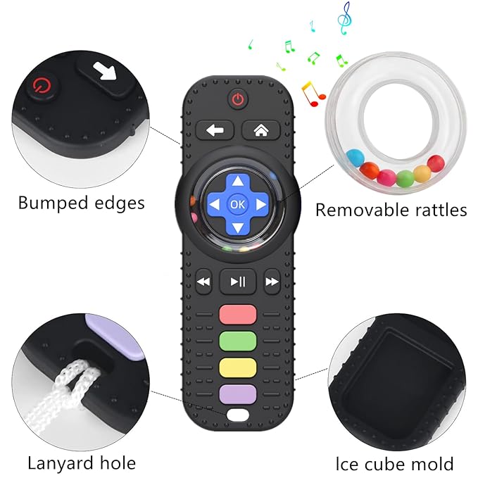 Fu Store Silicone Baby Teether Toys for 0-12 Momths 3-24 Months Infant Toddlers TV Remote Control Rattle Teethers for Babies Chew Toys Teething Relief Soothe Babies Gums, Black