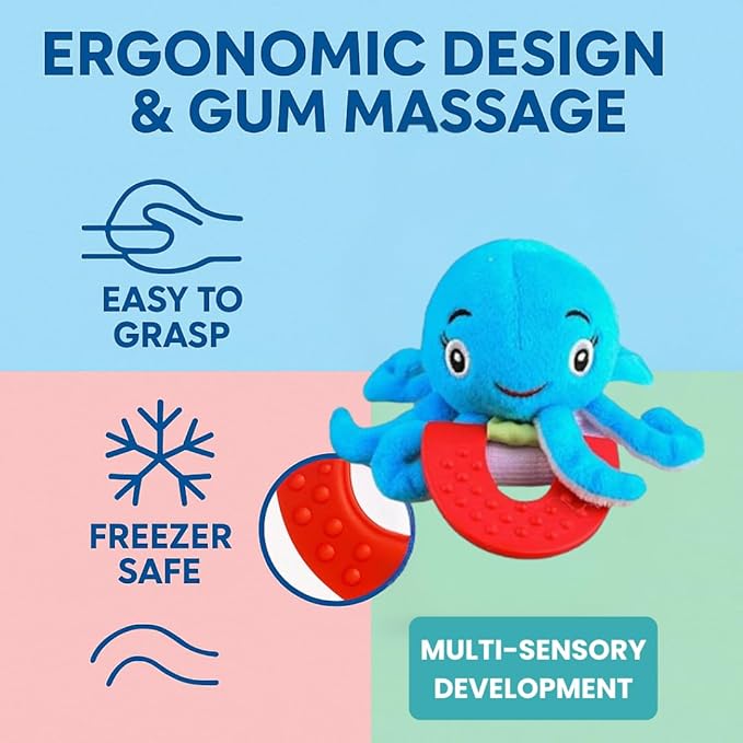 Wristy Buddy Teething Ring for Babies 0-6 8 10 12 Months | Cute Soft Octopus Teething Toys & Gloves | Baby Teething Relief Toy Pack | Infant Chew Toys for 3-6 Months, 1 2 3 Years
