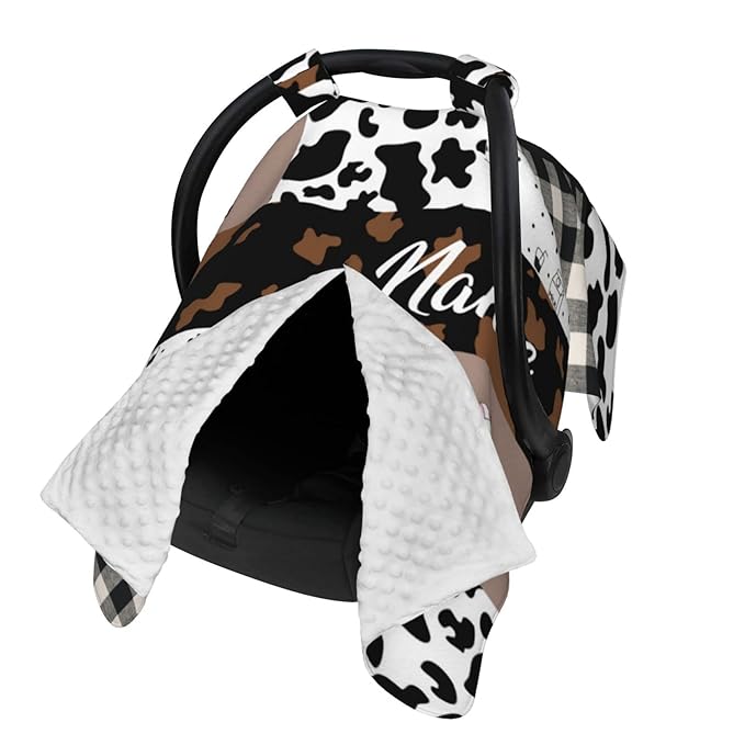 Personalized Cute Cow Baby Car Seat Canopy for Babies with Name, Custom Cow Stripes Car Seat Covers for Boys Girls, Opening Minky Nursing Breastfeeding Cover Infant Carseat Canopies for Newborn
