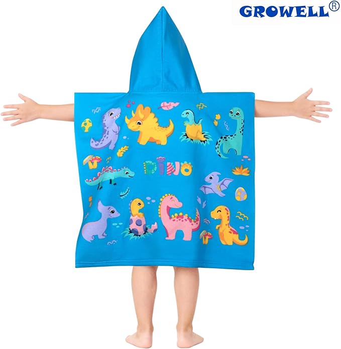 Hooded Kids Beach Towels - Toddler Bath Towel Girls Boys Swim Cover-ups for Ages 1 to 6 Kids Pool Towels Quick Dry Lightweight Soft Microfiber Poncho Towel 24x23 (Dinosaur Sky Blue)