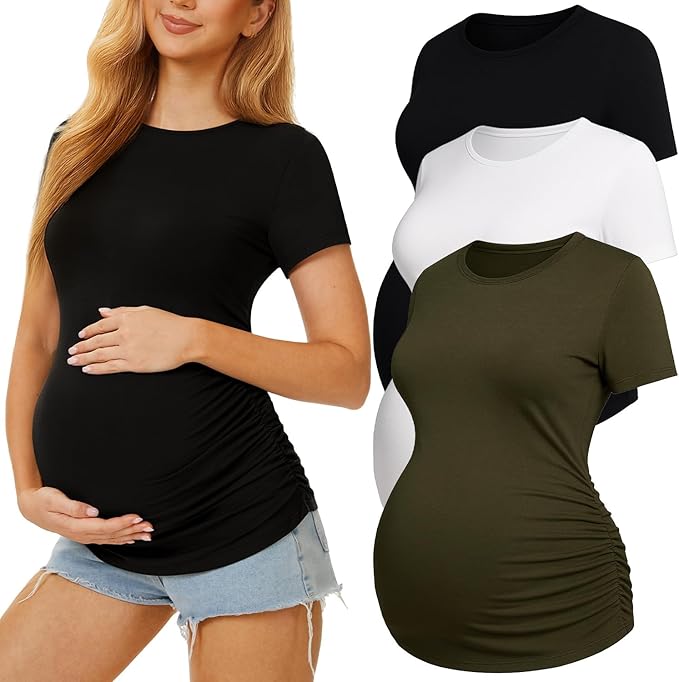3 Pack Womens Maternity Shirts - Crew Neck Maternity Top Short Sleeve Pregnancy Tee Shirts