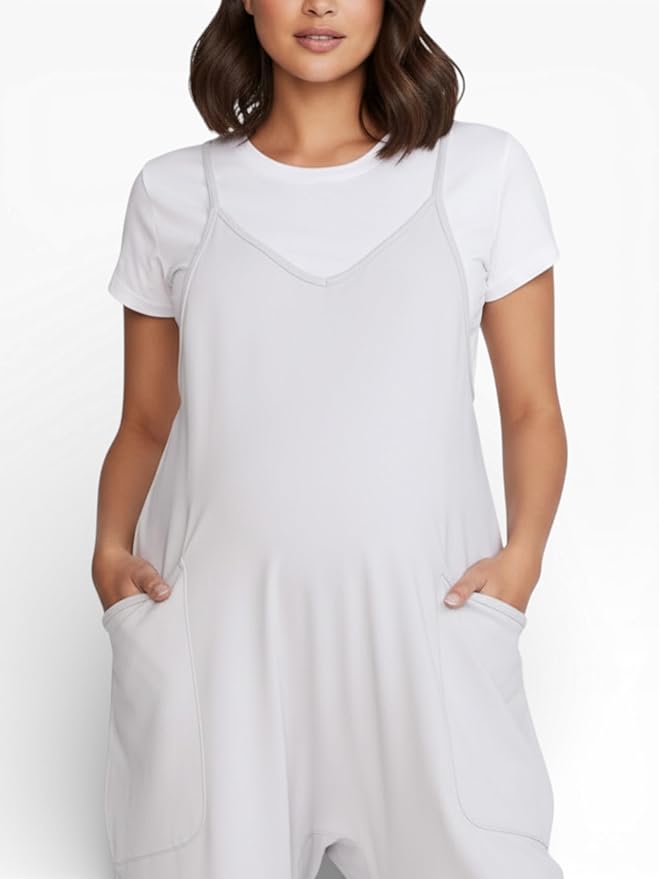 Motherhood Maternity womens Casual Baggy Sleeveless V-neck Pregnancy Romper Jumpsuit With Loose Spaghetti Straps and Pockets