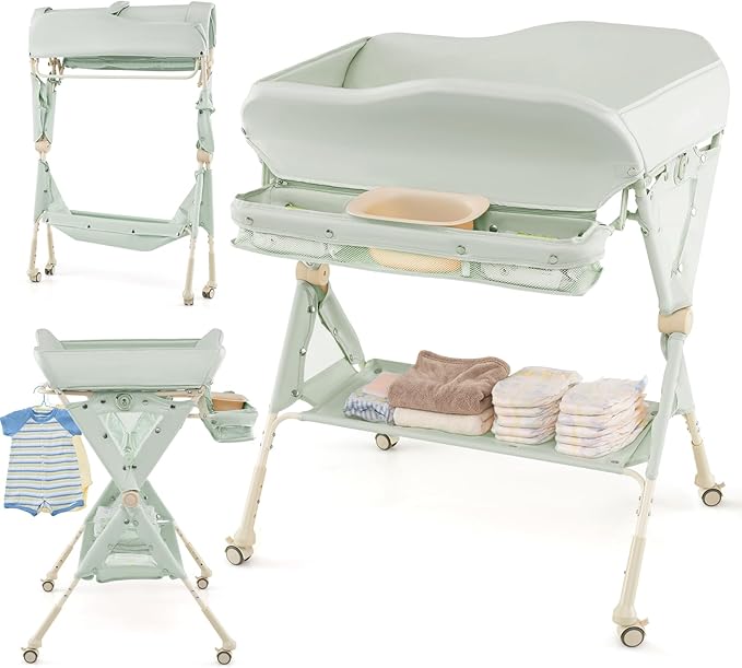 INFANS Baby Changing Table with Wheels, Portable Folding Diaper Station Nursery Organizer with Storage Basket, Hanging Rack, Adjustable Height, Safety Belt for Newborn Infant (Green)