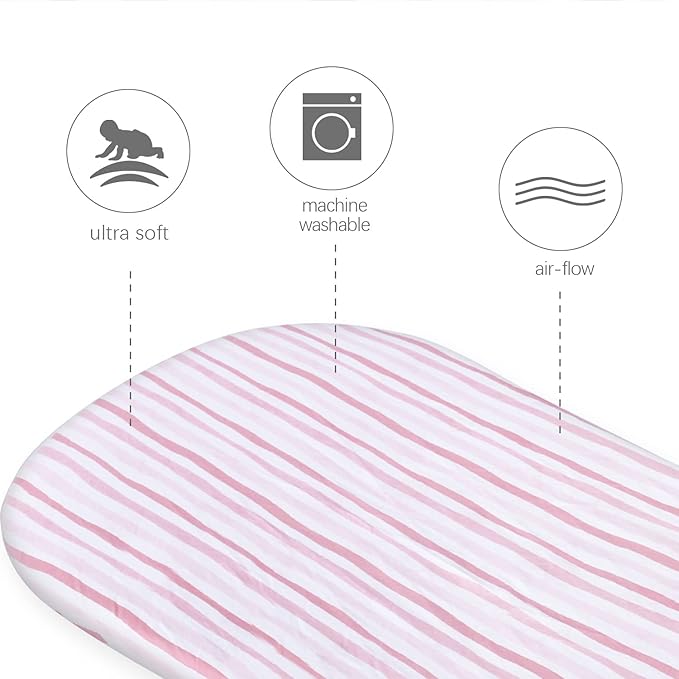 Bassinet Sheets Compatible with Baby Delight Snuggle Nest Bassinet, 2 Pack, 100% Jersey Knit Cotton Bassinet & Bedside Sleeper Sheets, Pink Stripes and Hearts Print for Baby