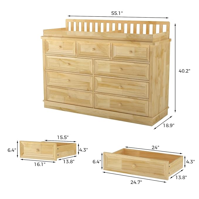 Homsee Baby Changing Table Dresser, 100% Solid Wood Infant Diaper Changing Station Combo, 9-Drawer Baby Nursery Dresser with Removable Tray for Children's Room Bedroom, Nature Color 55.1"W