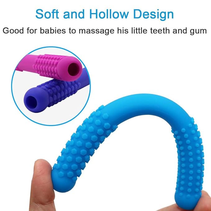 Hollow Teething Tubes Toys for Babies Girls Boys, 6 Pack Silicone Baby Teether Toy Tube for Infants with Nursing Biting Chewing, Chew Straws for Toddlers 6-12 Months (Style A)