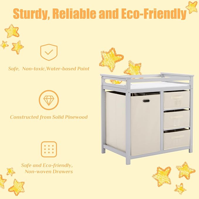 Karl home Modern Baby Changing Table,Dresser Baby Diaper Changing Station with Laundry Hamper,Infant Nursing Table with 3 Storage Drawers,Removable Safety Rail & Strap for Bedroom,Nursery,LightGrey