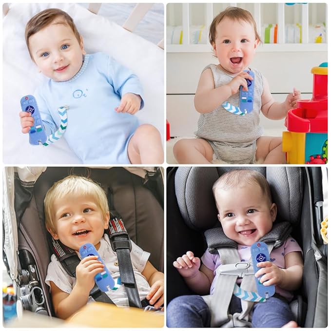 Silicone Baby Teething Toys, Remote Control Shape Teethers Toys with Teething Tubes and Pacifier Clip, Baby Teething Toys for 3 Months+, Remote Teething Toy BPA Free/Freezable/Dishwasher Safe(Blue)