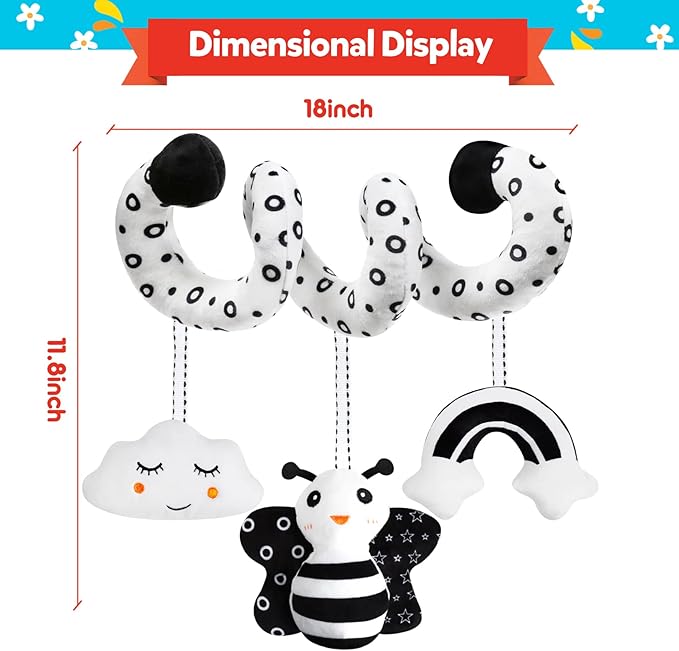 Baby Spiral Hanging Stroller and Car Seat Toys Black and White High Contrast Sensory Toy Newborn Plush Activity Toys Party Favors Quality Gifts for Baby Shower Valentine's-BEE