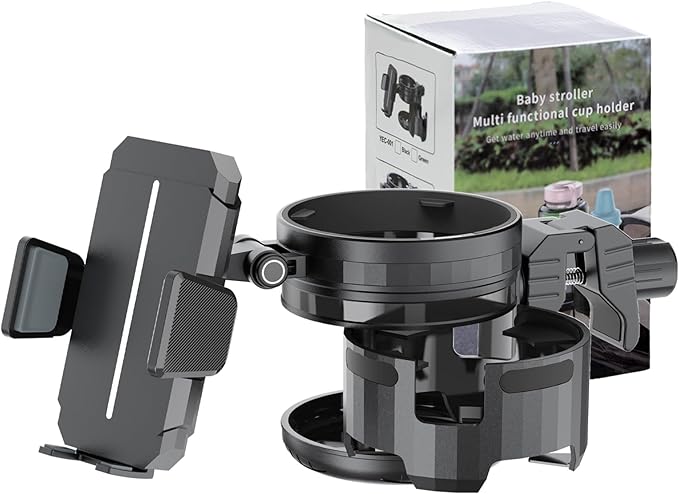 3-in-1 Universal Wheelchair Cup Holder for Walker, 360° Rotating Phone Holder with 2 Drink Holder for Bike, Rollator, Stroller, Scooter, Seniors, Bicycle, Safe and Stable, Black
