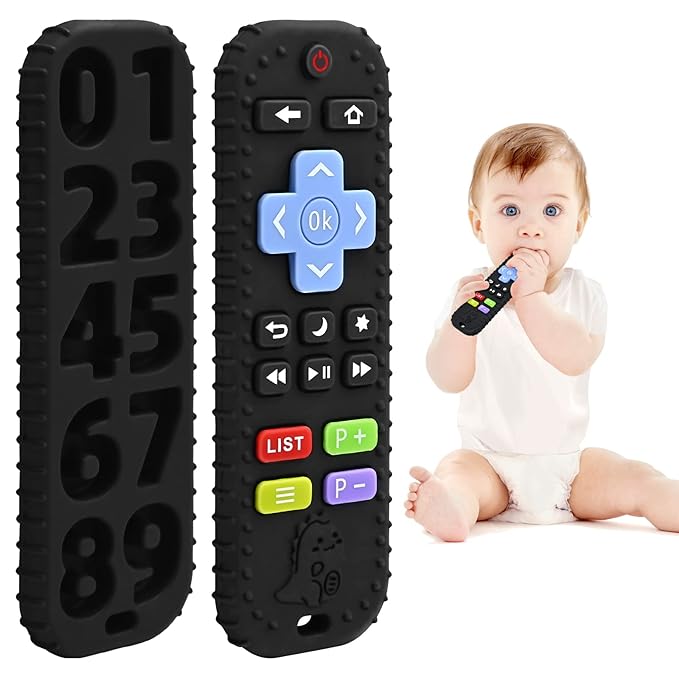 Teething Relief Teethers Toys for Babies 3-6-12 Months Gifts, Food Grade Silicone Sensory Baby Remote Control Teether Bath Toy for Newborn Infant Boy Girl Autism Birthday Christmas Gift, Black