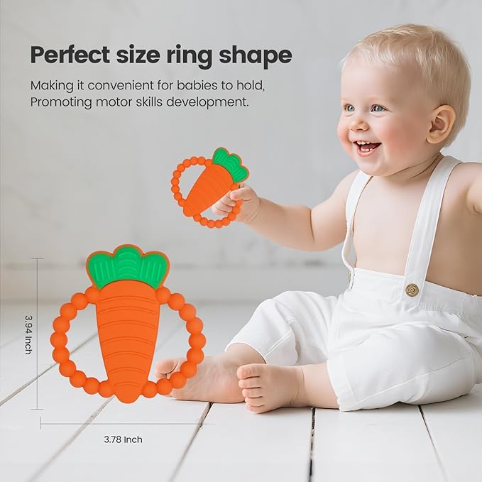 Silicone Baby Ring Teether Toy,Must Haves Teething Relief Chew Toys for 0-6,6-12 Months Boys and Girls,Newborns Essentials,Safe and Soft,BPA Free. (Carrot)