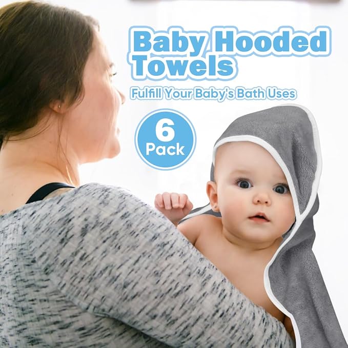 Orighty 6 Pack Baby Hooded Towel 30 x 30 Inch Super Soft Bath Towel with Hood for Babies, Infant, Newborn Essential - Ideal Baby Stuff Registry Gift for Boys and Girls (Grey, White, Pink)