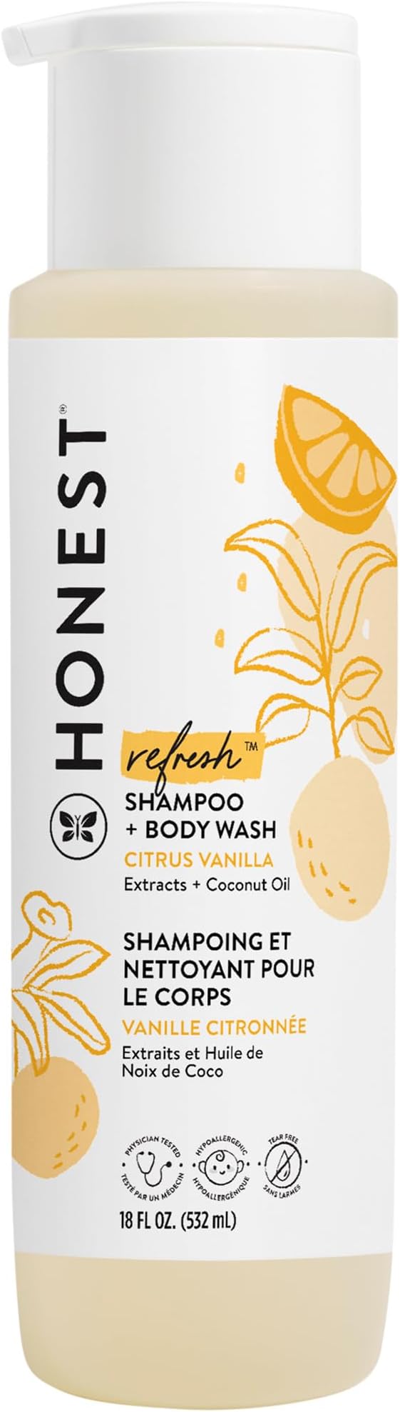 The Honest Company 2-in-1 Cleansing Shampoo Body Wash Gentle for Baby Naturally Derived, Tear-free, Hypoallergenic, Citrus Vanilla Refresh, 18 fl oz