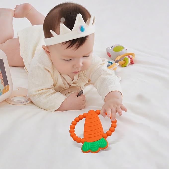 Silicone Baby Ring Teether Toy,Must Haves Teething Relief Chew Toys for 0-6,6-12 Months Boys and Girls,Newborns Essentials,Safe and Soft,BPA Free. (Carrot)