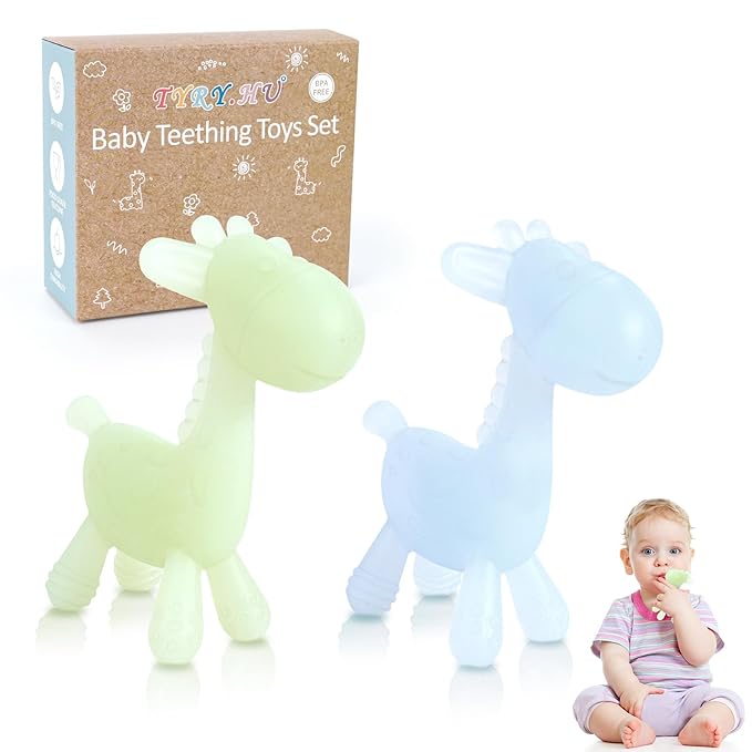 TYRY.HU Baby Teething Toys for Babies 0-6 6-12 Months,BPA Free Silicone Giraffe Teethers Toys, Soft-Textured Chew Toys, Montessori Sensory Toys for Boys Girls Teething Relief, 2 Pack