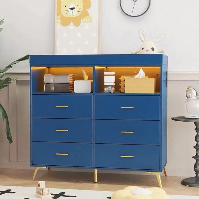 Baby Changing Table Dresser with 6 Drawers, Baby Nursery Dresser, LED Lights & Charging Station – Multifunctional Nursery Dresser with Removable Changing Top, Anti-Tip Design, Blue