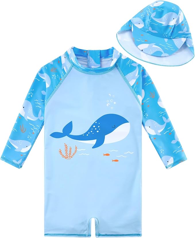 ADUKIDE Baby Boys Swimsuit Summer Beach Rash Guard Swimwear One Piece Sunsuit with Sun Hat 3-24 Months