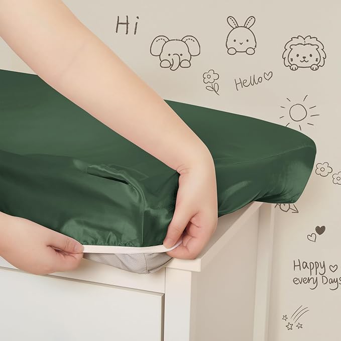 SiinvdaBZX 2 Pack Changing Pad Cover for Baby Girls Boys, Satin Silky Soft Changing Table Covers 32"x16"+5" Diaper Changing Pad Sheets, Green & Beige