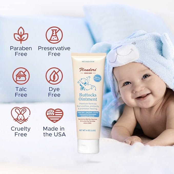 Flanders Buttocks Ointment - Diaper Rash Cream for Treatment & Prevention, Pharmacist Developed, Heat Rash & Chafing in Infants to Adults, Instant Relief (4oz Tube)