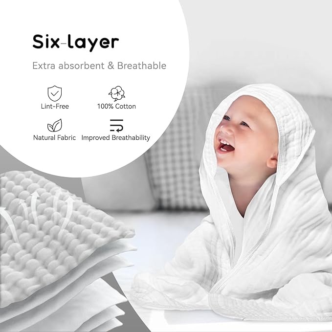 Baby Hooded Towels for Babies and Toddlers, Muslin Baby Bath Towel Soft and Absorbency for Boys and Girls (Pure White 1 Pack)