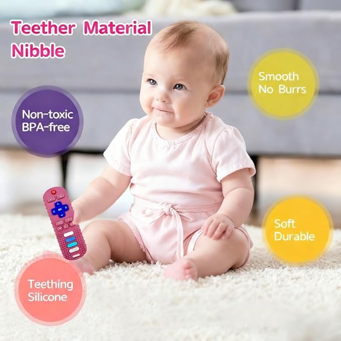 Baby Teether Toy,TV Remote Control Shape Teething Relief Chew Toy for Infants 3-24 Months, BPA Free, Pink