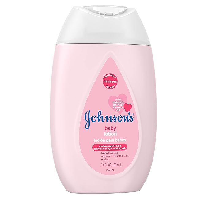 Johnson's Moisturizing Mild Pink Baby Lotion with Coconut Oil for Delicate Baby Skin, Paraben-, Phthalate- & Dye-Free, Hypoallergenic & Dermatologist-Tested, Baby Skin Care, 3.4 Fl. Oz (Pack of 3)