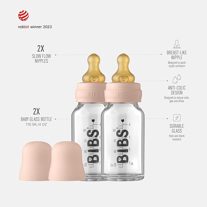 Bibs Baby Glass Bottle | Anti-Colic Borosilicate Glass Bottles | Natural Vented Round Natural Rubber Latex Nipple | Consistent Flow Rate | 3.7 oz/110 ml | 2 Pack | Blush