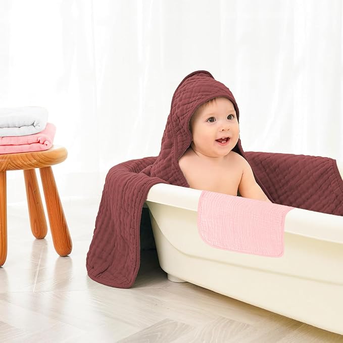 Hooded Baby Towels for Newborn, Absorbent 100% Cotton Muslin Baby Bath Towel for Boys and Girls, Baby Towels with Hood for Babies (WineRed & Pink & White)