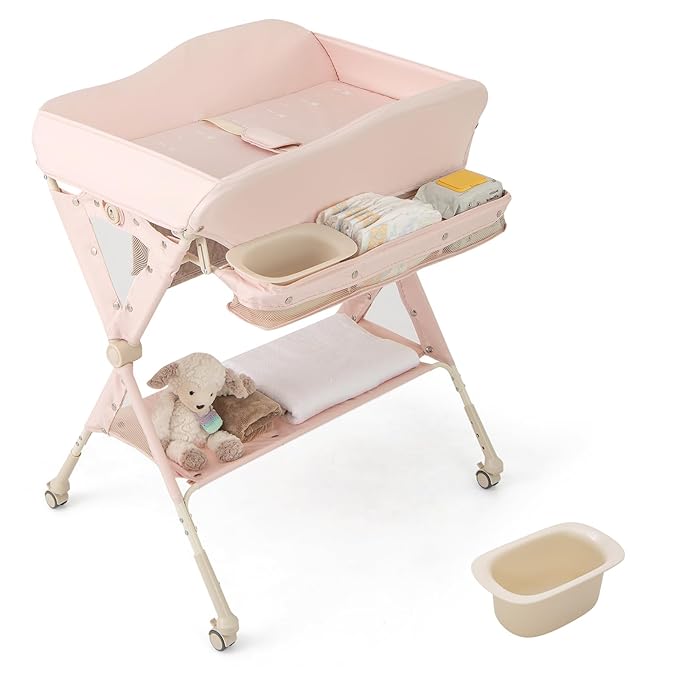 BABY JOY Portable Baby Changing Table, Foldable Diaper Changing Station w/Wheels, Adjustable Height, Large Storage Rack, Water Basin, Safety Belt, Mobile Nursery Organizer for Newborn Infant (Pink)