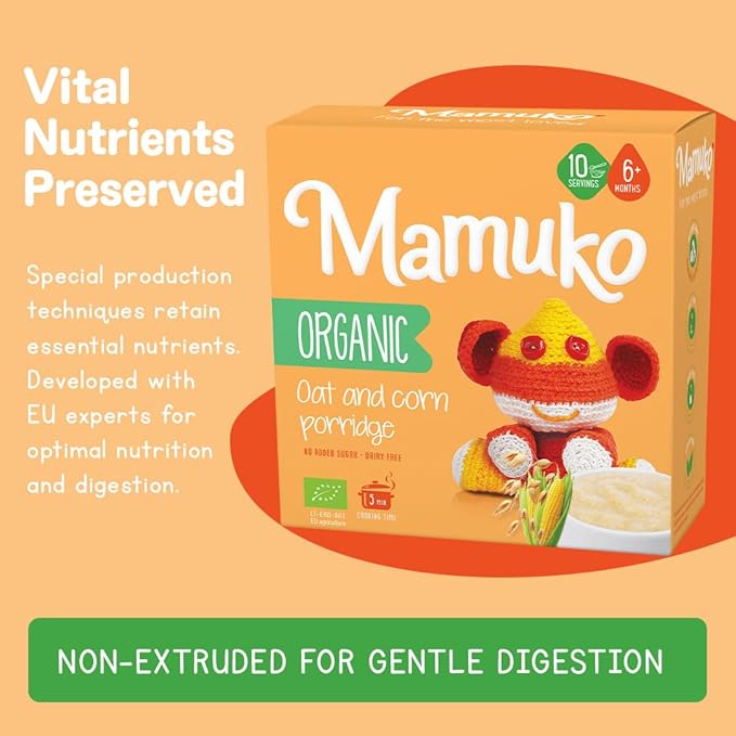 MAMUKO Organic Oat & Corn Grits Porridge - High Fiber Porridge with No Added Sugar, Milk & Preservatives - Vegan Porridge Ideal for Toddlers - 2 Pack (200g - 10 Servings)