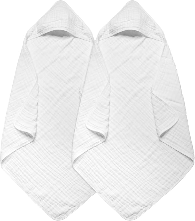 Baby Hooded Towels for Babies and Toddlers, Muslin Baby Bath Towel Soft and Absorbency for Boys and Girls (White 2 Pack)