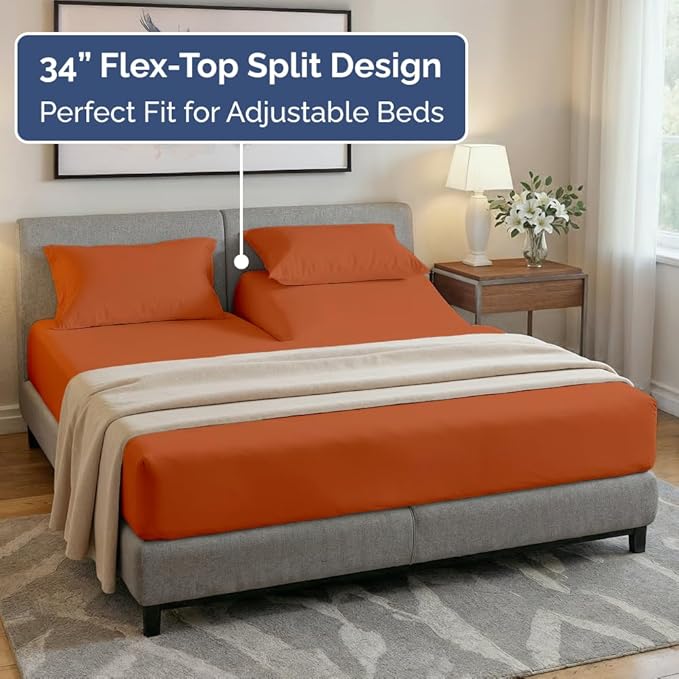 Split Head King Sheet Set – 4 Piece Flex Split Top King Sheets for Adjustable Beds - Fits 14” to 16" Mattress w/ Deep Pockets - Soft, Breathable & Cooling - Luxury Bedding & Wrinkle Free - Terracotta