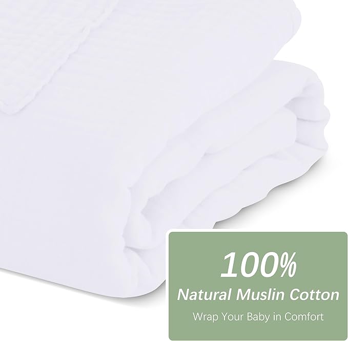 SWEET DOLPHIN Muslin Baby Bath Towels Blanket - 2 Pack 100% Cotton Towel for Babies, Infants, Toddlers - 40x40Inch - Highly Absorbent, White