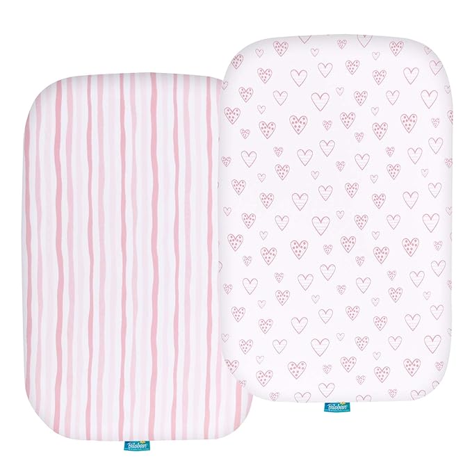 Bassinet Sheets Compatible with AirClub, GoFirst and MiClassic Bassinet Bedside Sleeper, 2 Pack, 100% Jersey Knit Cotton Fitted Sheets, Pink Stripes and Hearts Print for Baby Girls