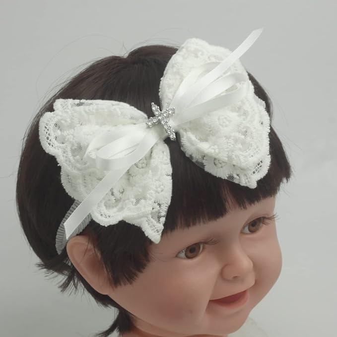 White Baby Bow Headband for Baptism Christening Satin Lace Hair Band with Cross for Toddler (Embroidery Lace white bow-6, 0-6 months)
