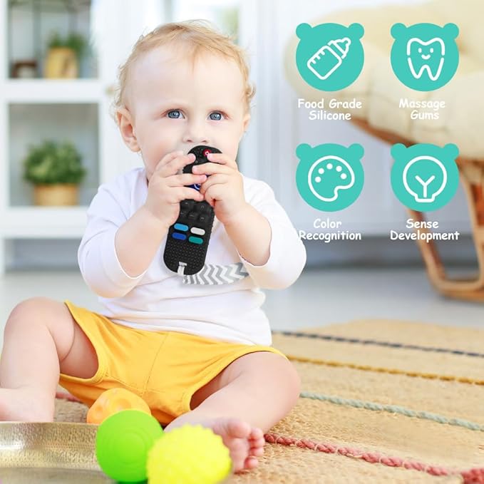 Silicone Baby Teething Toys, Remote Control Shape Teethers Toys with Teething Tubes and Pacifier Clip, Baby Teething Toys for 3 Months+, Remote Teething Toy BPA Free/Freezable/Dishwasher Safe(Black)
