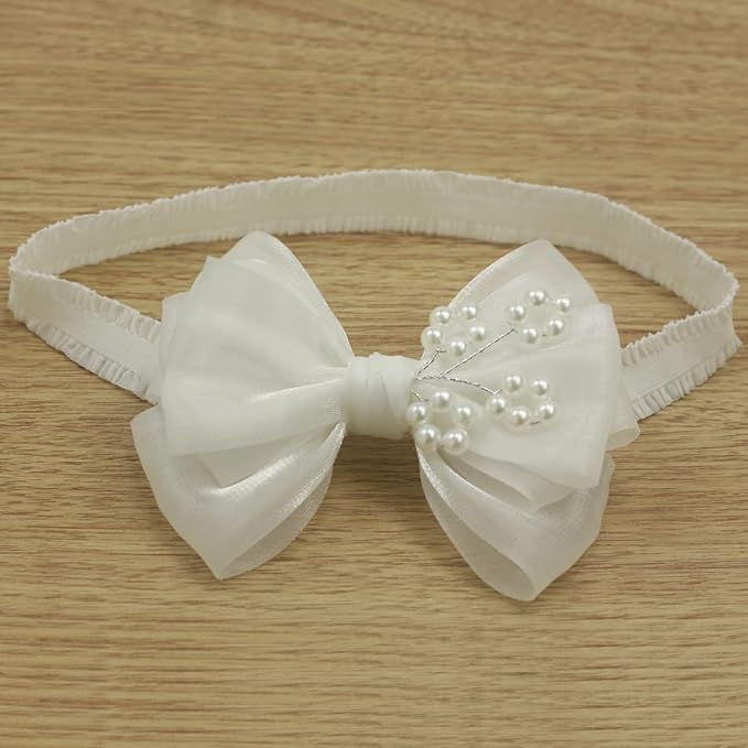 Fairy Multi-layer Pearlescent Organza White Bow Headband for Baby Girl Baptism Christening White Bow Headpiece (0-6 months,Off White headband-5)