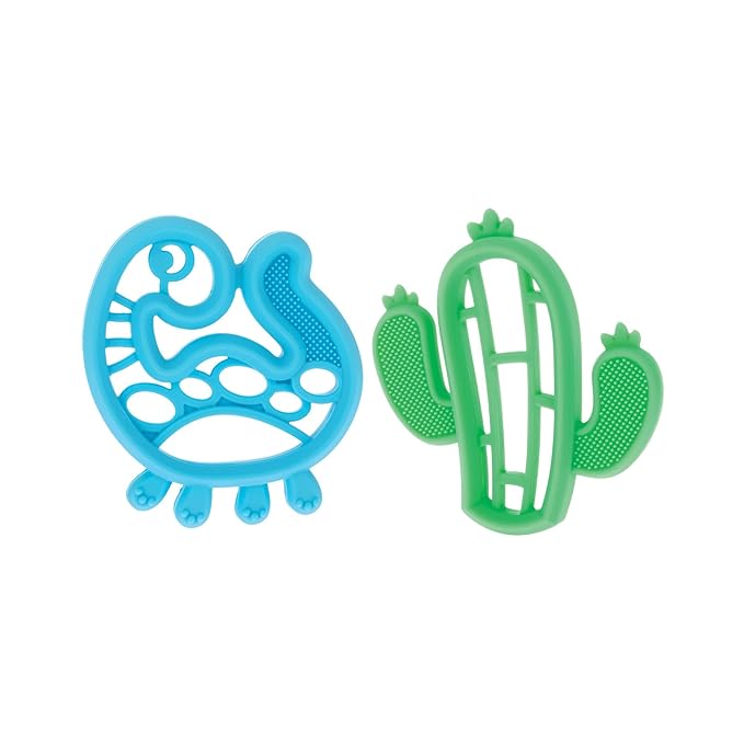 Nuby Soft Silicone Gum Massaging Baby Teether Toy - (2 Pack) Baby Teething Relief Toys for 3+ Months - Dino and Cactus