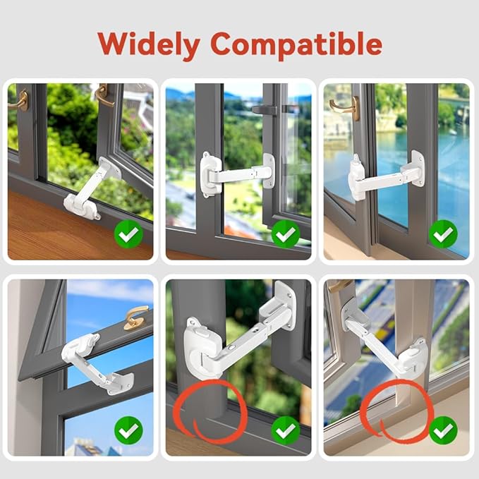 EUDEMON 2 Pack Updated Baby Window Safety Lock, Childproof Window Restrictor for UPVC, Adjustable Winodw Guard for Wooden, Metal Frames (White)