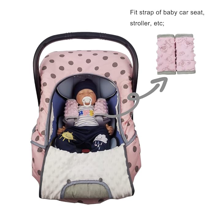 car seat Strap Cover for Baby, seat Belt Cover Cushion, Belt Pads fit Baby Carrier/Pushchair/Stroller, Cozy Peace Dotted Minky, Pink