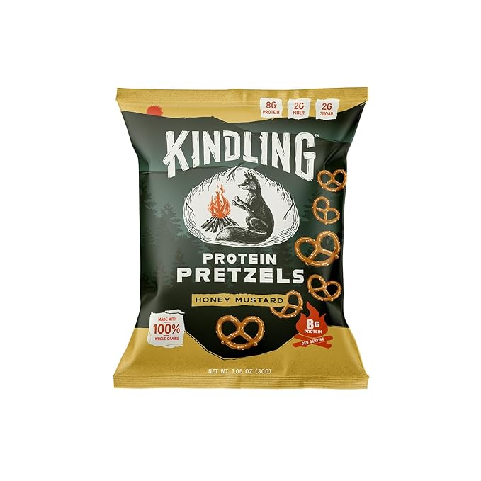 Kindling Protein Pretzels - Honey Mustard | Protein-Packed Snack Size Bags | Kosher | 8-9g Protein Per Serving | Only 1-2g of Total Sugar | No Artificial Flavors, Soy-Free | Lunches, Office Snacks, & On-the-Go | 16-Count (1.06oz Bags)