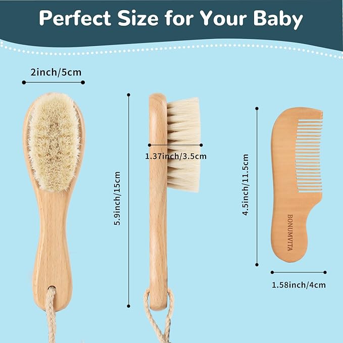 Baby Hair Brush and Comb Set, Wooden Baby Hair brush with Soft Goat Bristle and Wood Comb for Newborn Essentials, Good for Cradle Cap