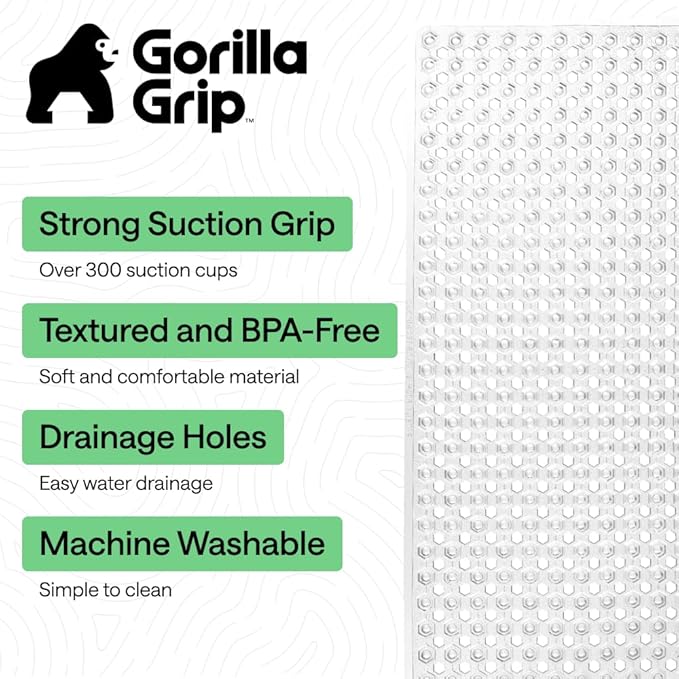 GORILLA GRIP Patented Bath Tub Shower Mat, 2 Pack, Machine Washable Bathtub Floor Liner Mats, Suction Cups and Drain Holes to Keep Tubs Clean, Soft on Feet, Bathroom Essentials, 35x16 Inch, Clear