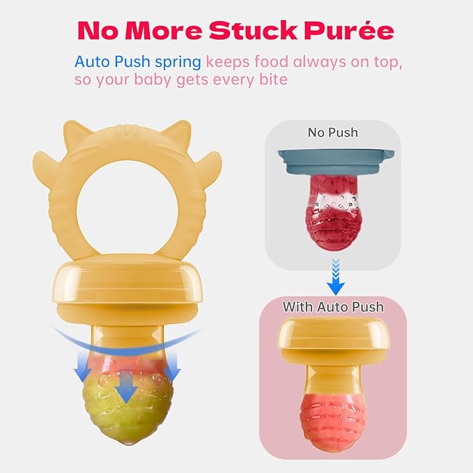Baby Fruit Feeder with Freezer Tray, Auto-Push Food Feeder Pacifier for 3-6 6-12 18 Months, BPA-Free, Breastmilk Popsicle Mold, Safely Introduce Solids, Fresh + Frozen, 2 Sizes Pounches