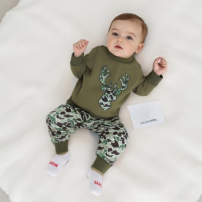 Muineobuka Toddler Baby Boy Hunting Clothes Reindeer Embroidery Sweatshirt and Camouflage Pants Outfits Baby Camo Clothing